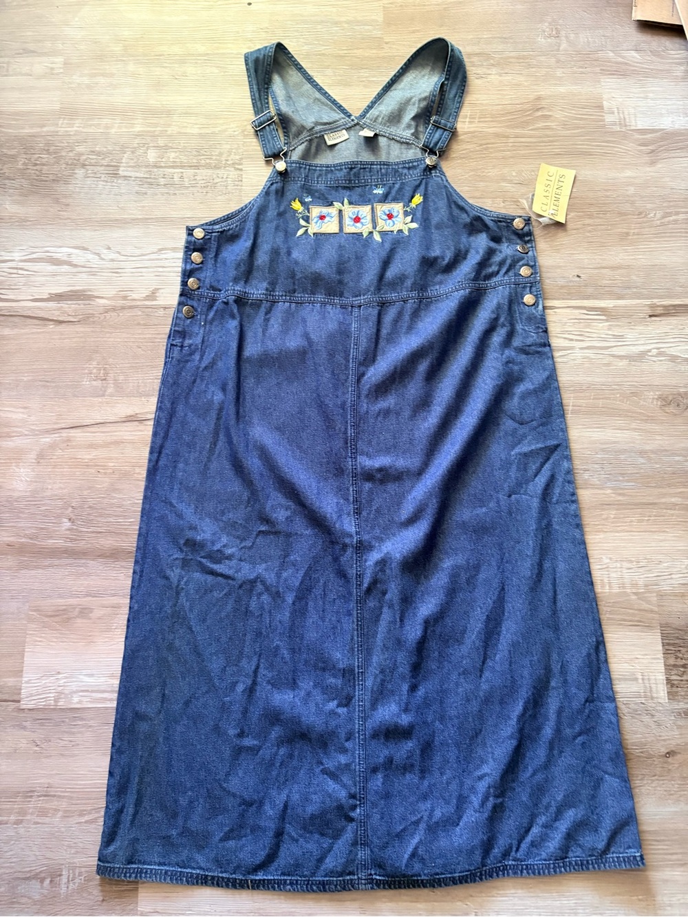 Vintage 90s Classic Elements Denim Overall Dress NWT Floral Embroidered Maxi XL